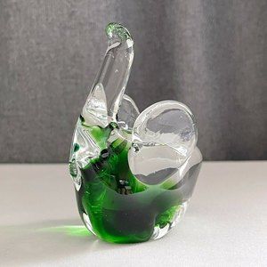 Art Glass Elephant Green & Clear Hand blown Paper Weight Trunk Up